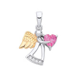 Two-tone gold plated silver angel pendant featuring a simulated ruby and sparkling stones on the dress.