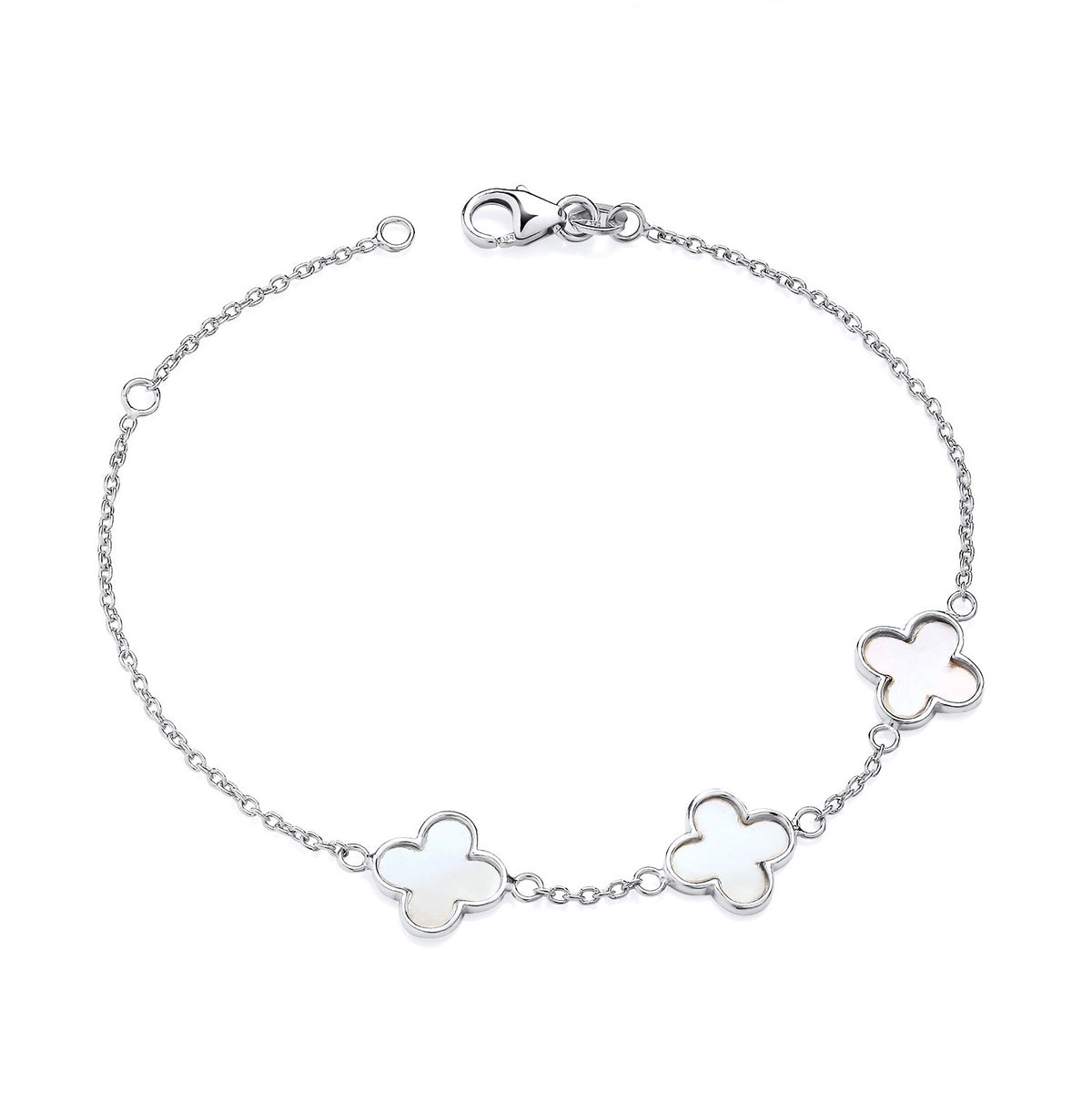 Sterling silver bracelet with three mother of pearl clover charms on a delicate, secure chain.