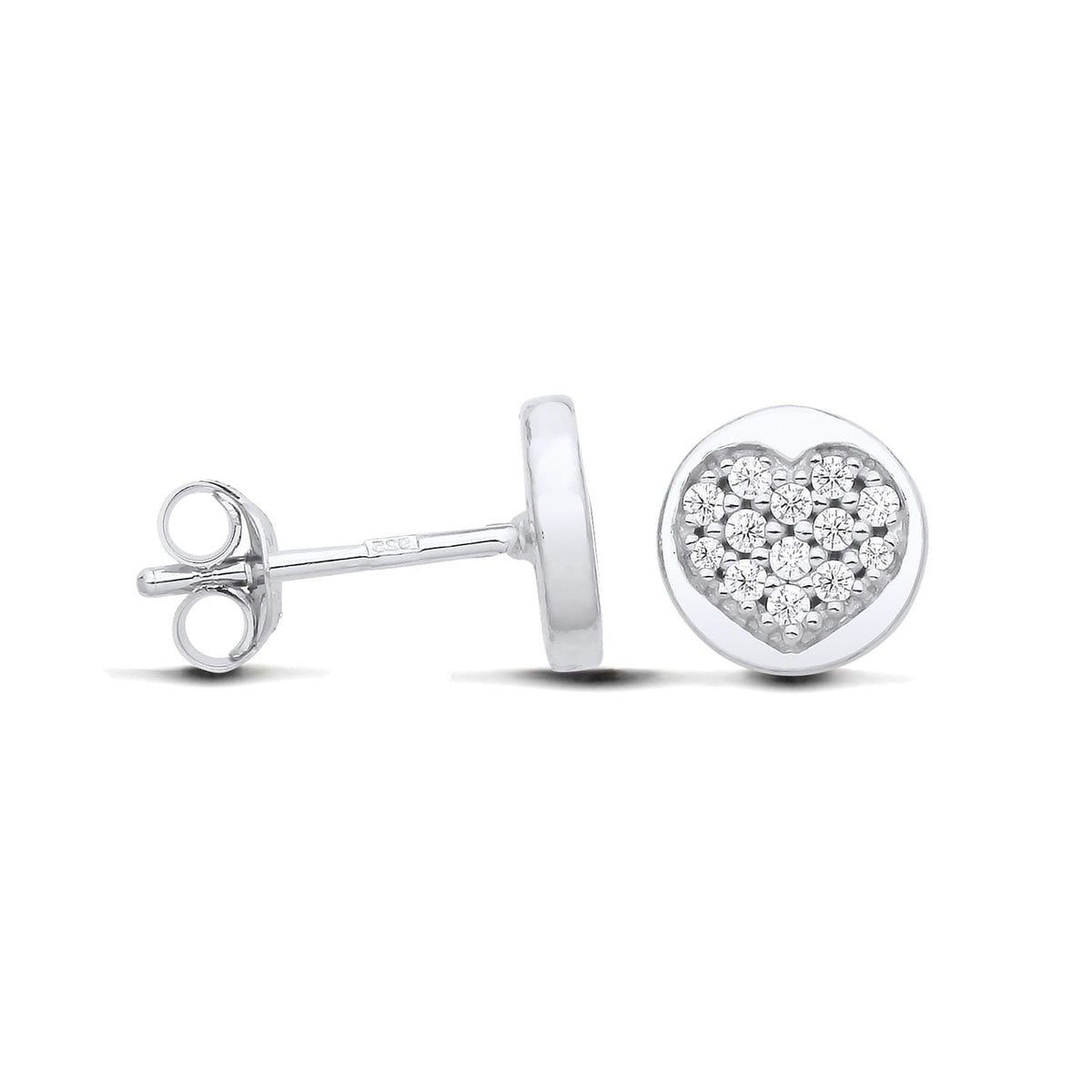 Sterling silver studs with round cubic zirconia arranged in heart-shaped clusters.