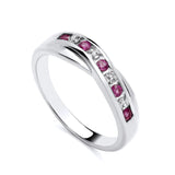 Sterling silver ring with natural rubies and diamonds in a crossover band design by Silversmiths.