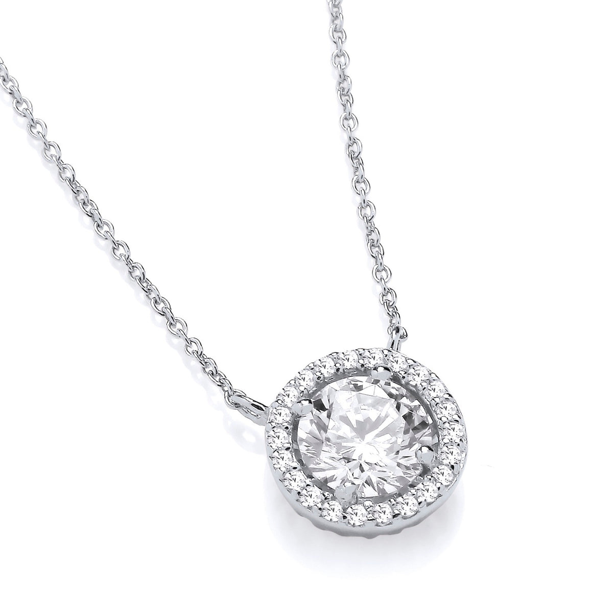 Silversmiths sterling silver necklace with a round cubic zirconia halo pendant on a fine chain.