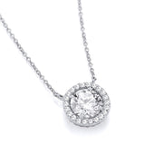 Silversmiths sterling silver necklace with a round cubic zirconia halo pendant on a fine chain.