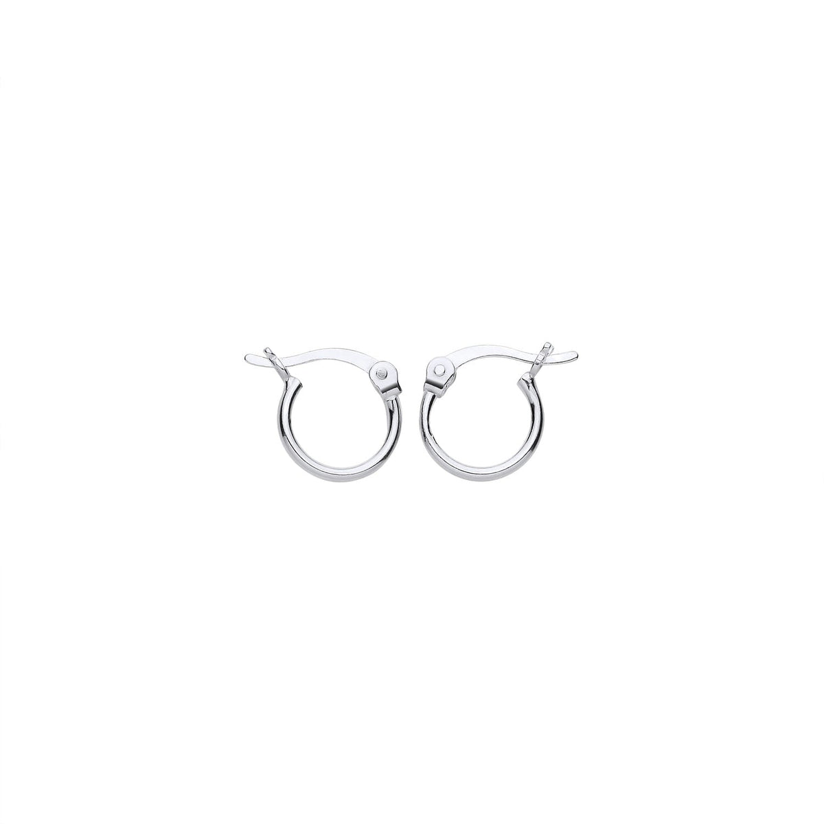 Silversmiths 10mm sterling silver hoop earrings with hinged clasps are displayed on a white background.