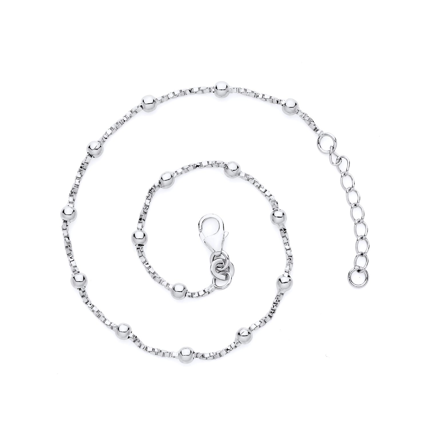 Sterling Silver Beaded Twisted Box Anklet with 1 Inch Extender