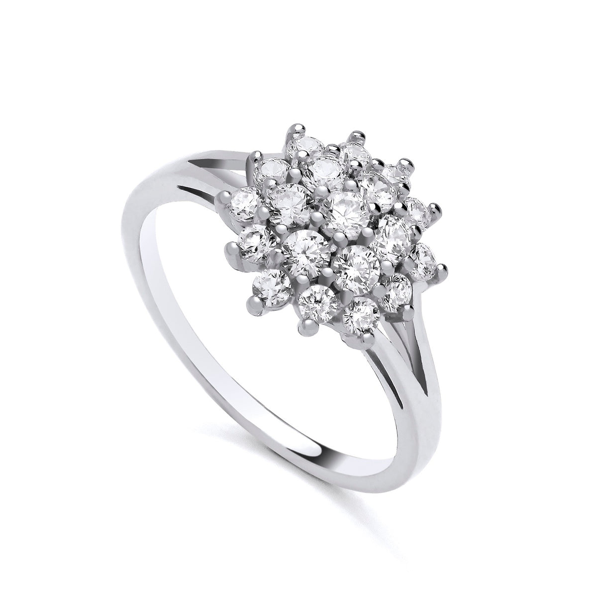 The Silversmiths ring features sterling silver and cubic zirconia stones arranged in a floral cluster pattern.