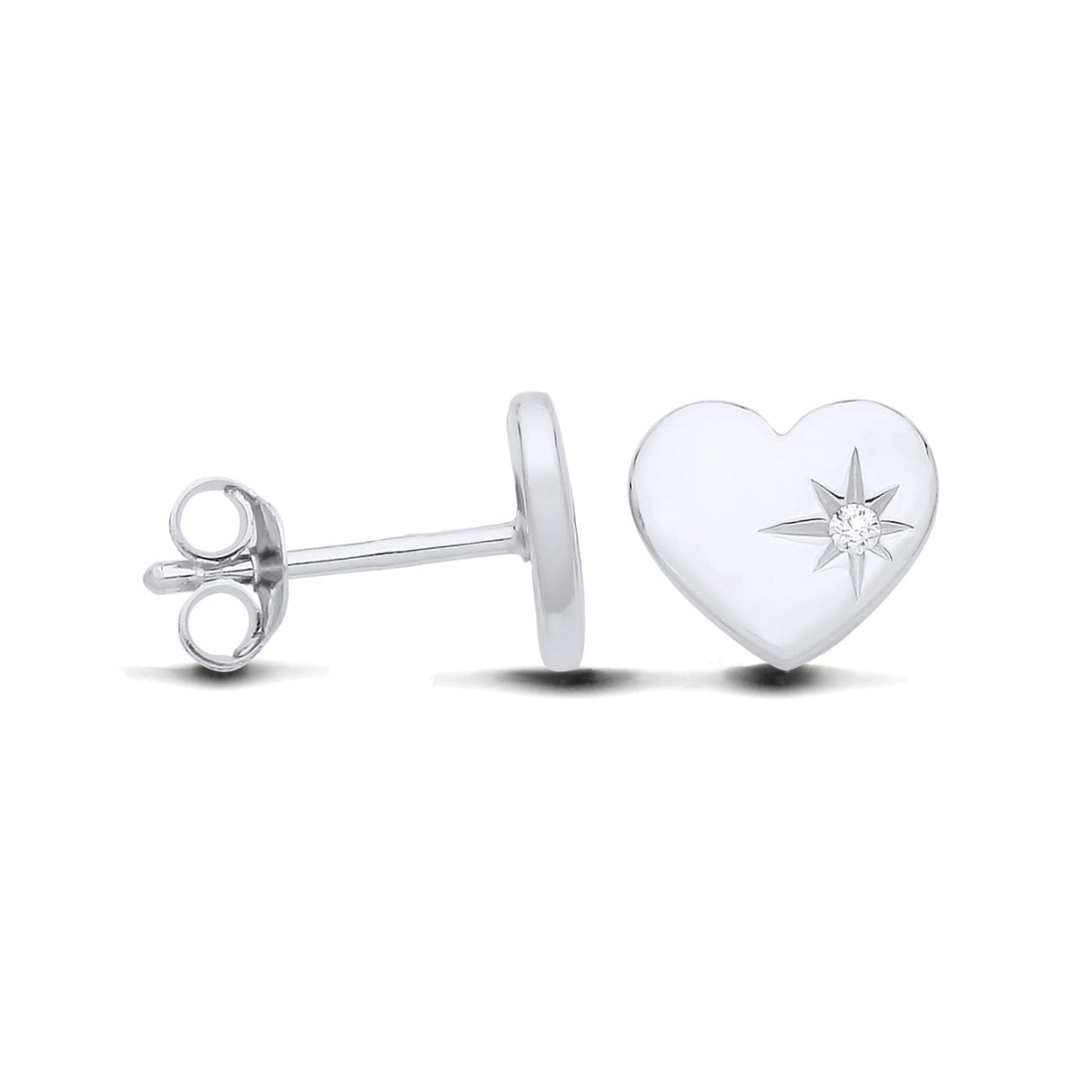 Sterling silver heart stud earrings with a starburst design and a clear cubic zirconia center stone.