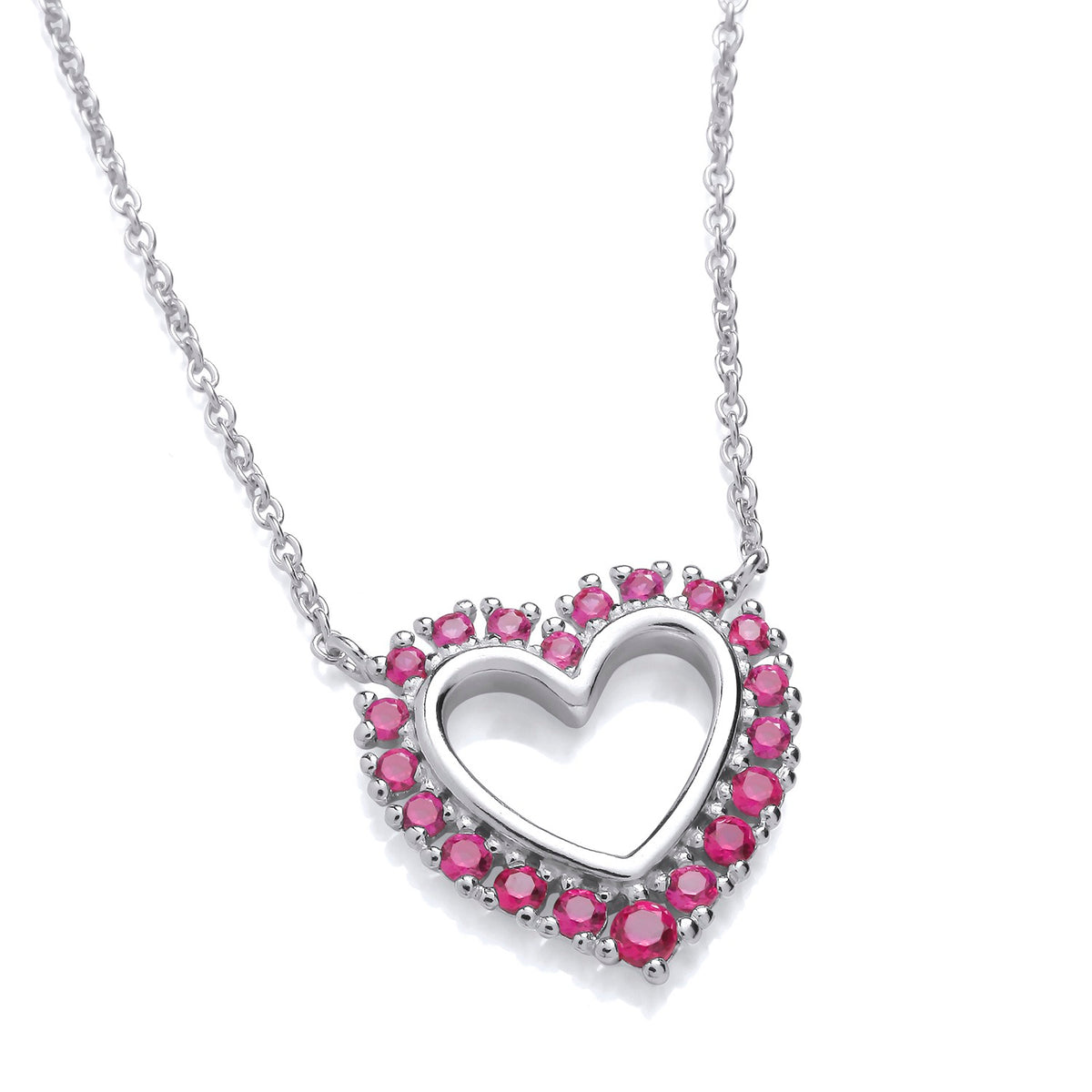 A sterling silver open heart necklace with a simulated ruby, shown on a white background.