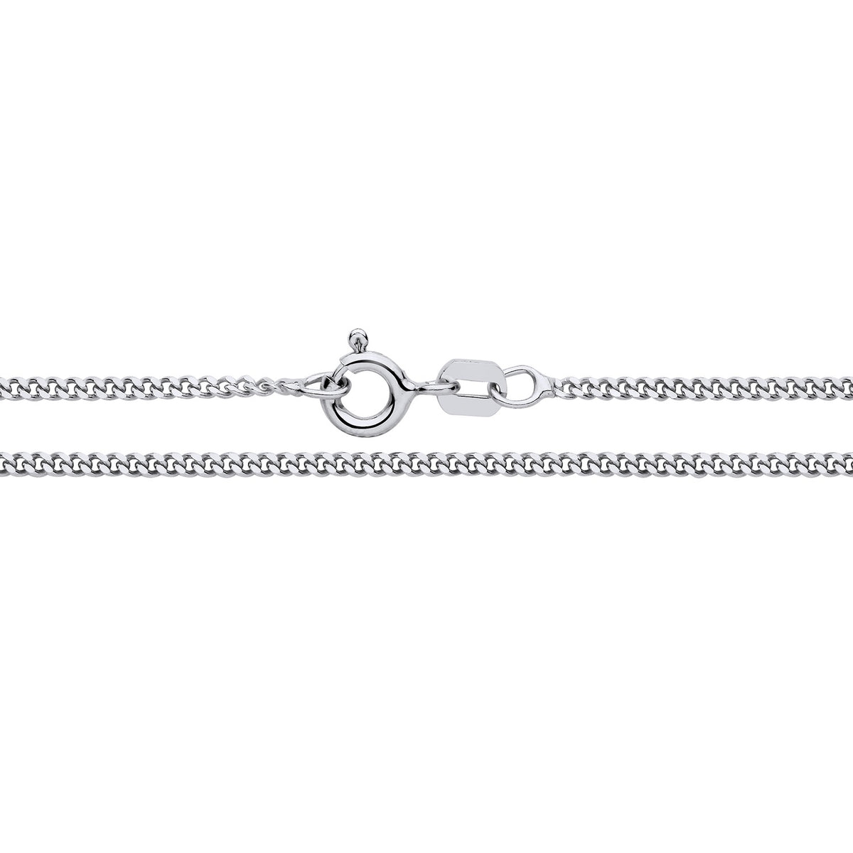 A Silversmiths 1.4mm sterling silver curb chain necklace with a round clasp is displayed on a white background.