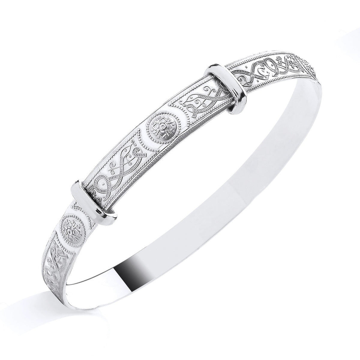 A Sterling Silver baby bangle by Silversmiths features an engraved Celtic knot motif, shown on a white background.