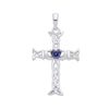 Sterling silver Claddagh Celtic cross pendant with a heart-shaped simulated tanzanite at the center.