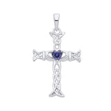 Sterling silver Claddagh Celtic cross pendant with a heart-shaped simulated tanzanite at the center.
