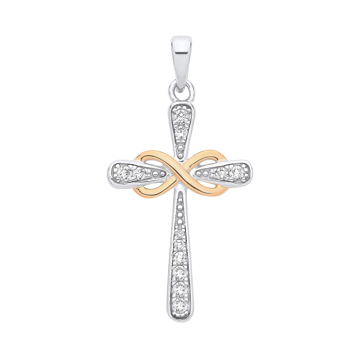A sterling silver and 18ct gold CZ infinity knot cross pendant is shown against a white background.
