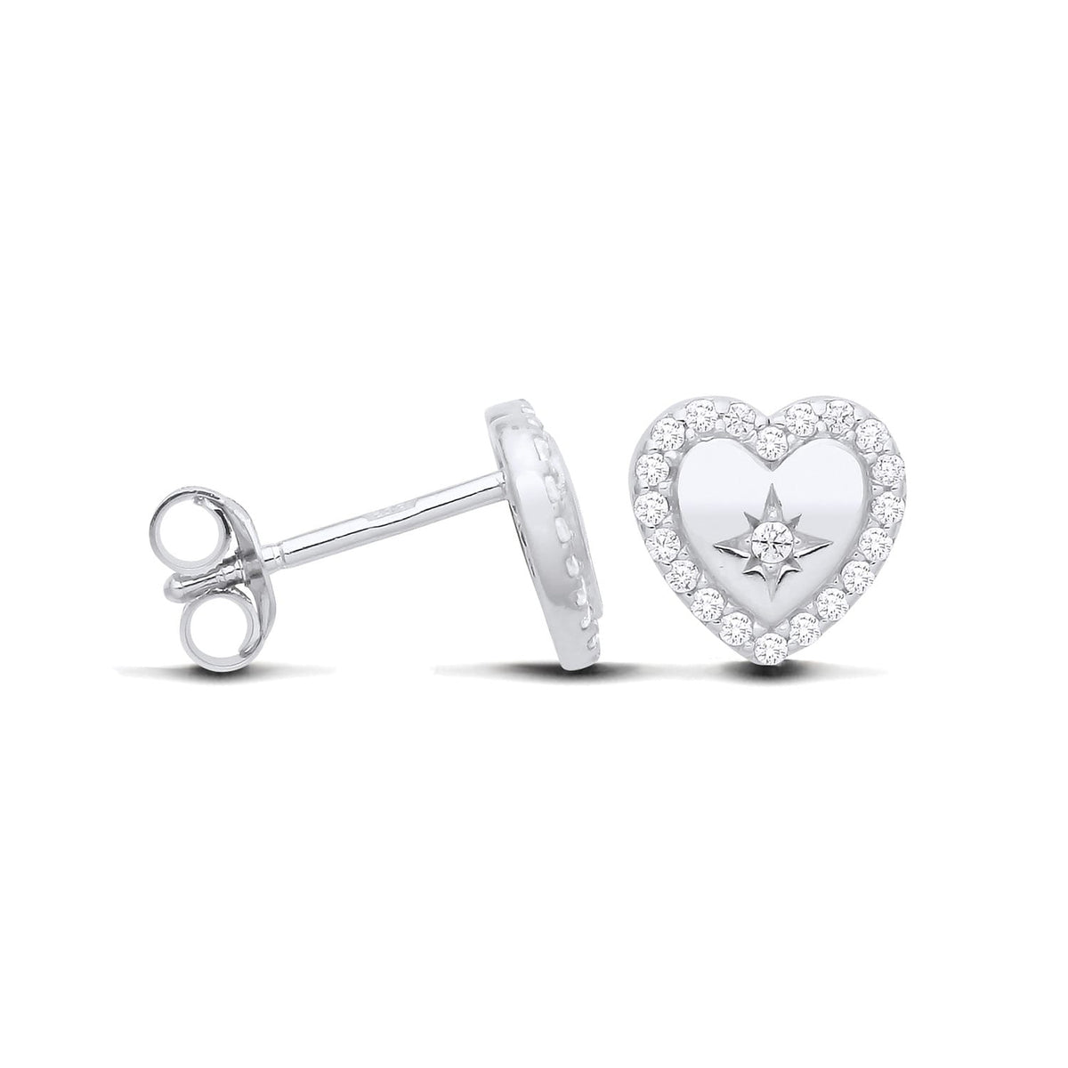 Sterling silver 8mm stud earrings with open heart shapes and starburst CZ details.
