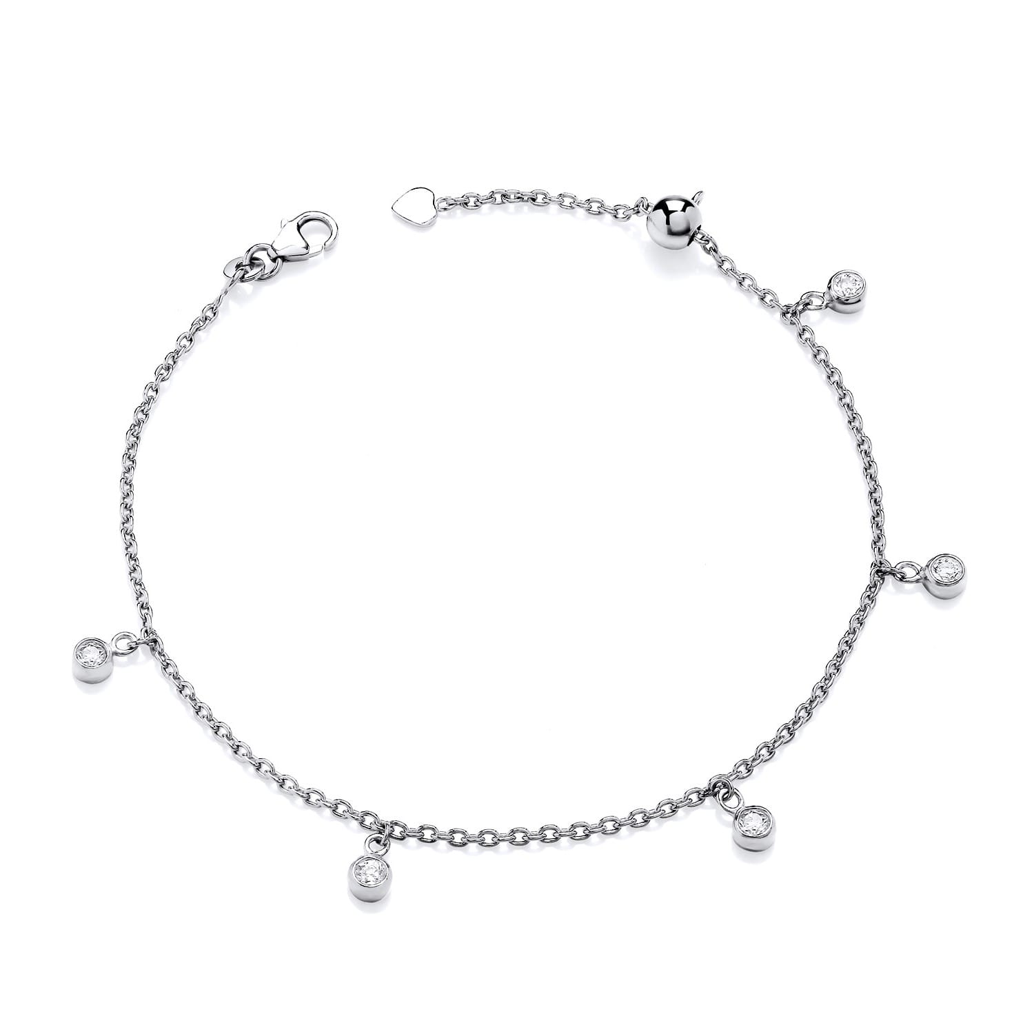 Sterling Silver CZ Adjustable Anklet - Heart Toggle