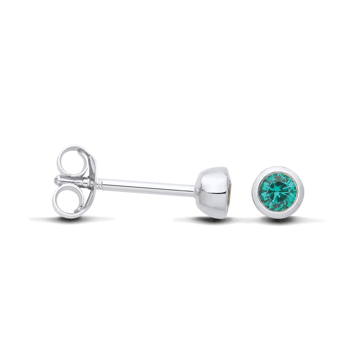 Silversmiths’ sterling silver stud earrings with 4mm simulated emeralds, shown from the front and side.