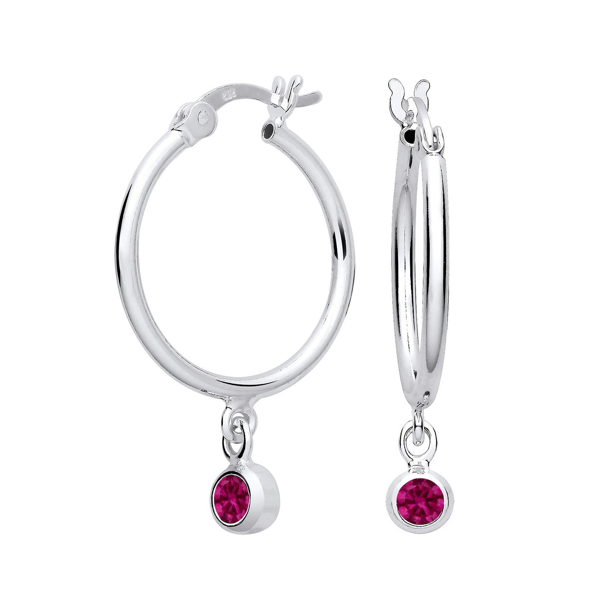 Silversmiths sterling silver hoop earrings feature simulated ruby charms and sparkling pink stones.