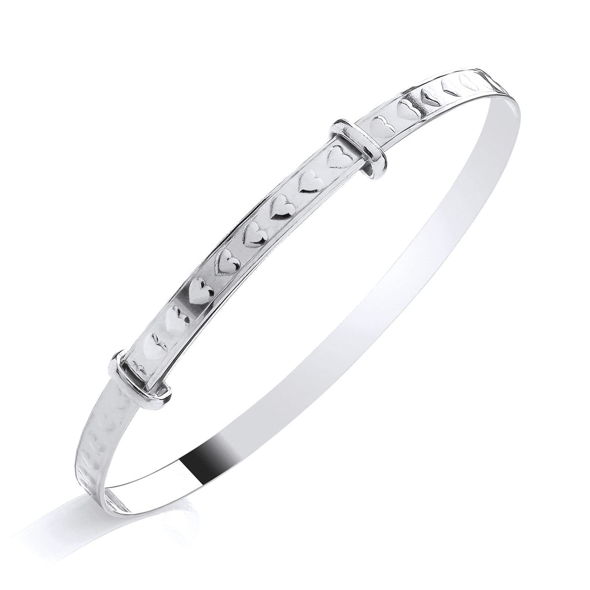 Sterling silver 4mm expanding bangle by Silversmiths, features a heart motif and is adjustable for fit.