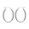 Silversmiths sterling silver oval hoop earrings, 24.75mm, plain design with hinged clasps on a white background.