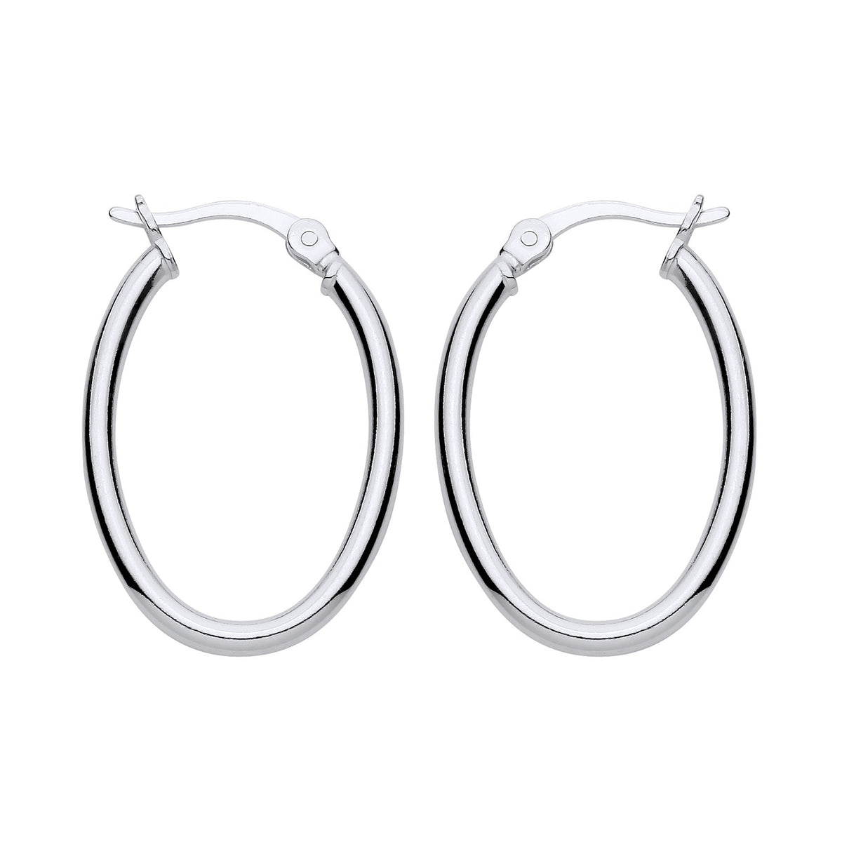 Silversmiths sterling silver oval hoop earrings, 24.75mm, plain design with hinged clasps on a white background.