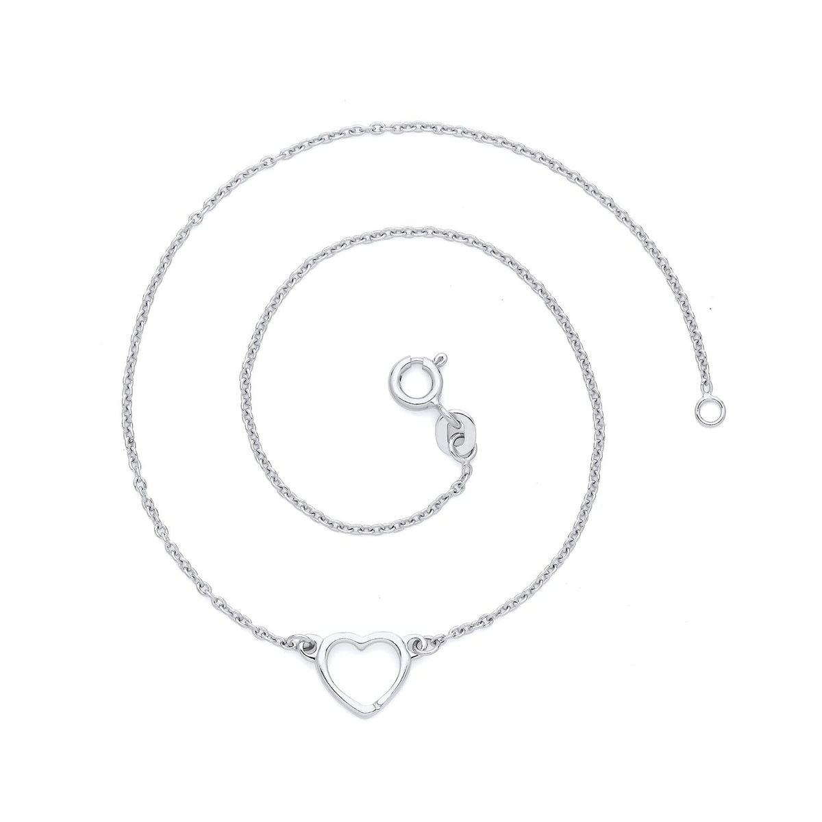 Sterling silver anklet with a single heart charm and lobster clasp, coiled on a white background.