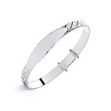 Sterling silver expanding baby bangle with a diamond cut ID plate, suitable for custom engraving.