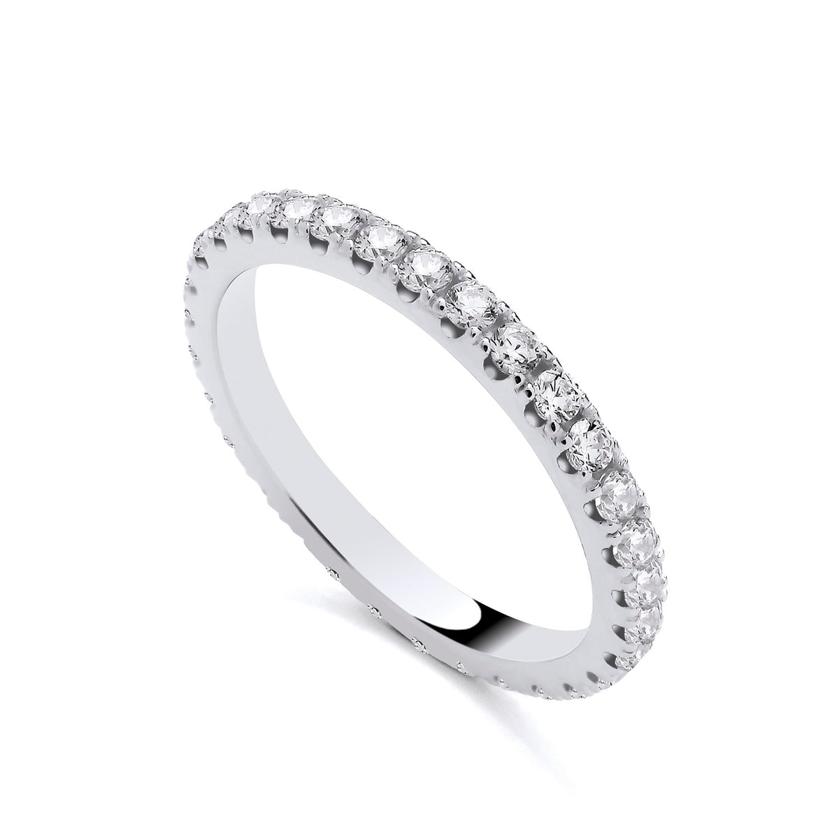 A Silversmiths sterling silver eternity ring with round cut CZ stones is displayed on a white background.