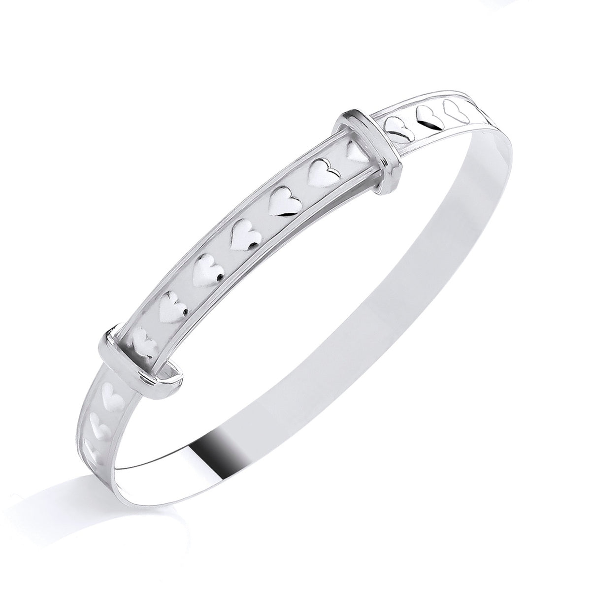 A sterling silver expanding baby bangle with heart cut-outs is displayed on a plain white background.