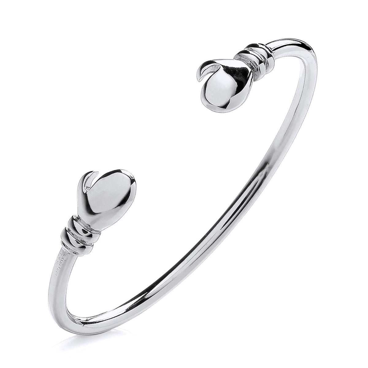 A polished, handcrafted Silversmiths sterling silver baby torque bangle with boxing gloves on a plain white background.