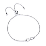 A sterling silver infinity bolo bracelet with a sliding clasp is displayed on a white background.