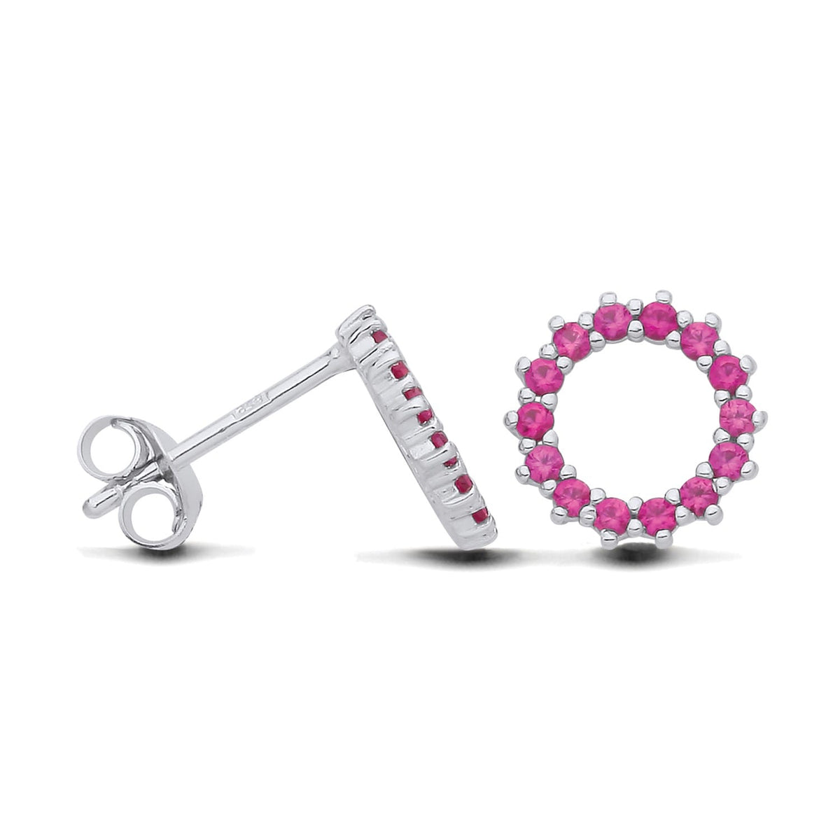 Silversmiths sterling silver stud earrings featuring a circular simulated ruby design.