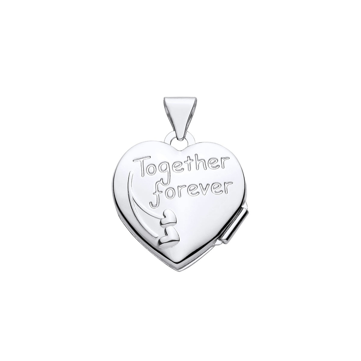 Sterling silver heart locket by Silversmiths with natural diamond and engraved embrace design on the front.