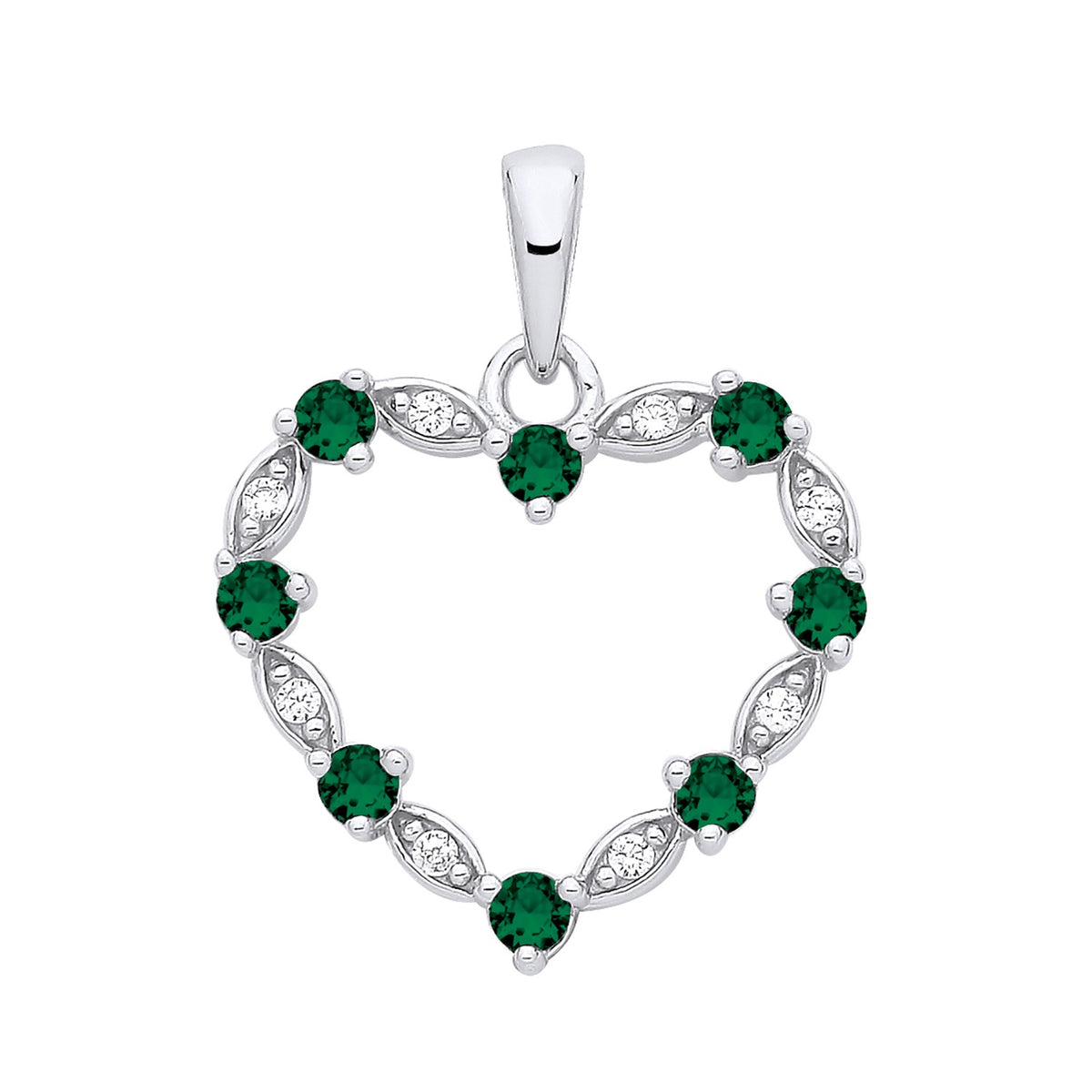 Silversmiths sterling silver heart pendant featuring simulated emerald and cubic zirconia, fits most standard chains.