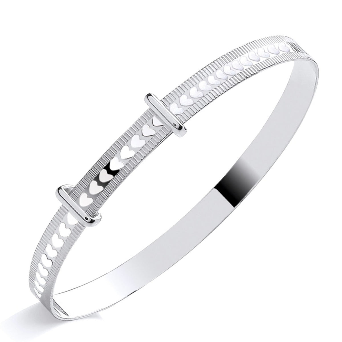 Sterling silver baby bangle from Silversmiths features heart cutouts and two bars on a reflective white background.