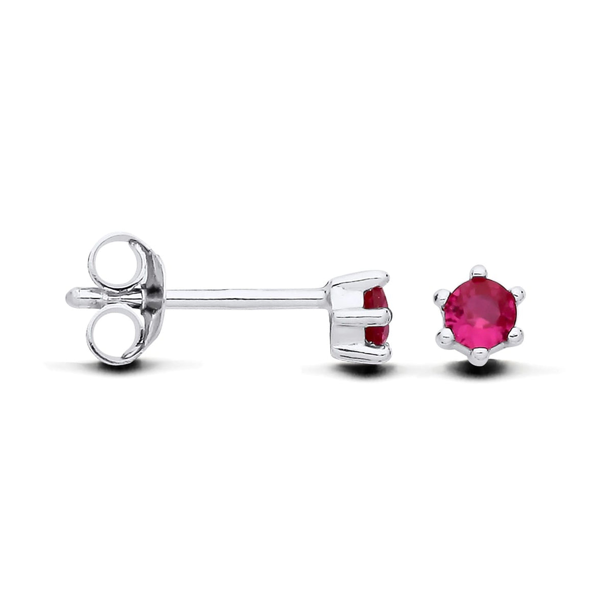 Sterling silver stud earrings with simulated ruby solitaires, shown from both the side and front angles.