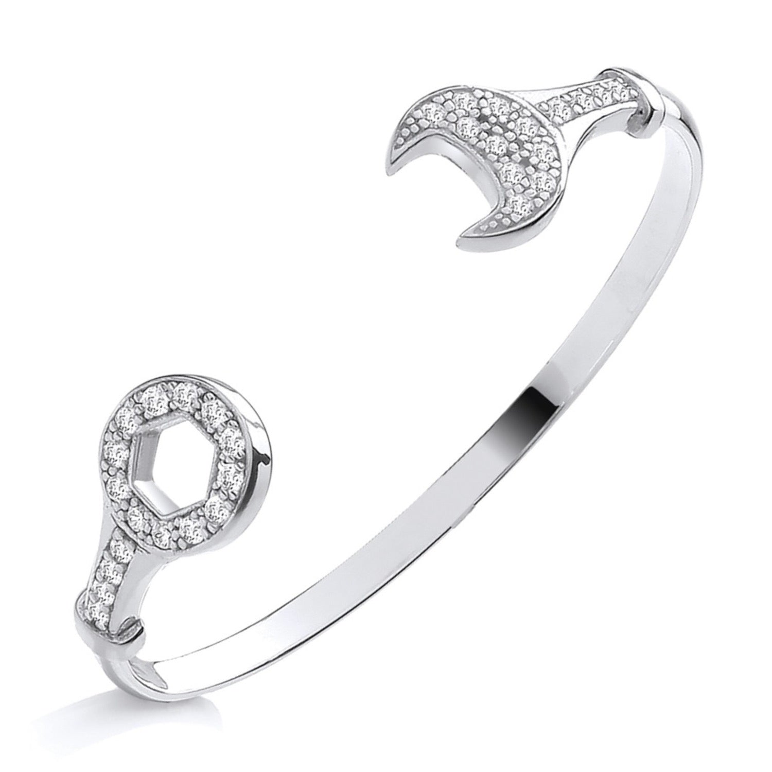 Sterling silver torque bangle with wrench-shaped open ends, each set with sparkling cubic zirconia stones.