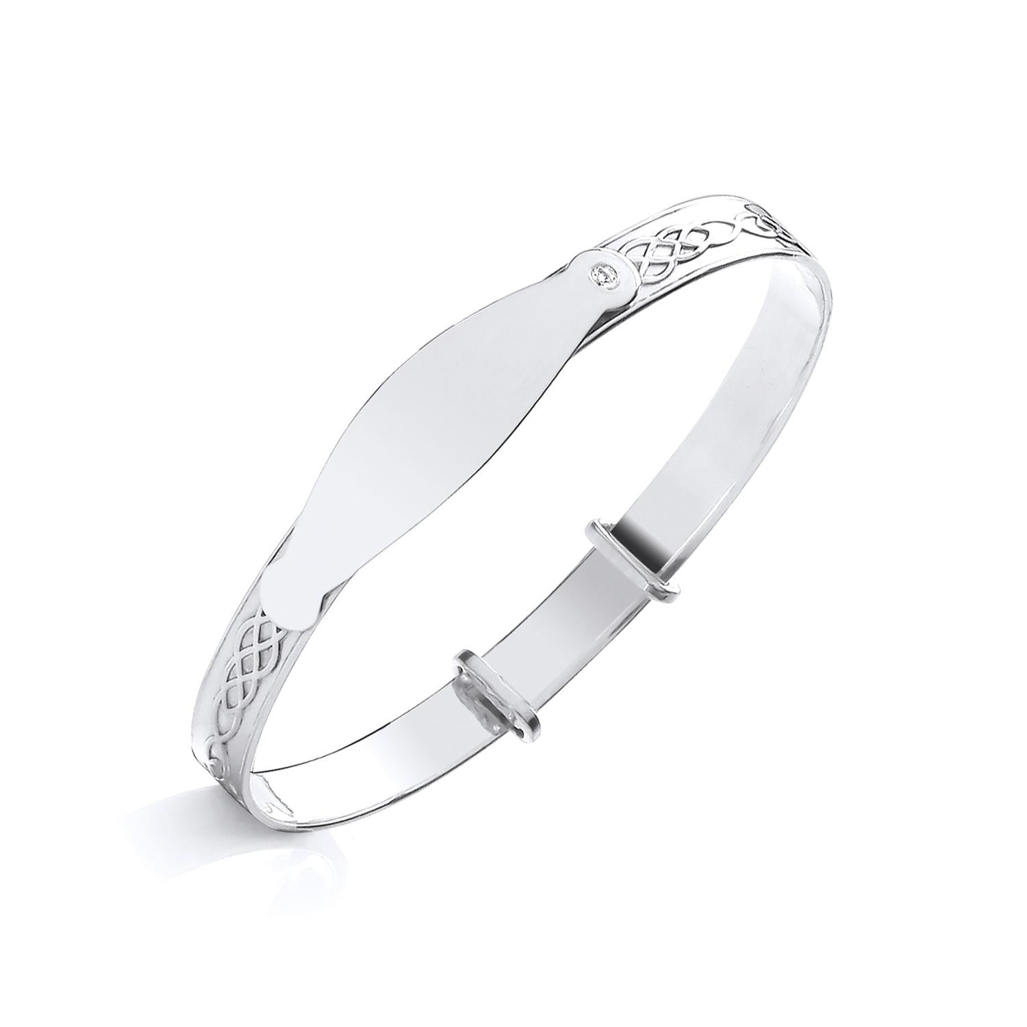 Sterling Silver Expanding Baby Bangle - Celtic Knot Pattern & Cubic Zirconia ID Plate