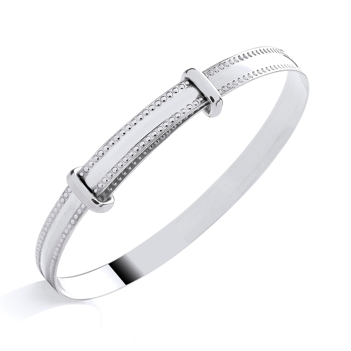 Silversmiths sterling silver expanding baby bangle with a beaded edge, suitable for stacking.