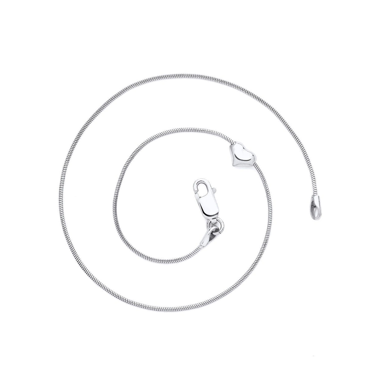 Sterling silver snake chain anklet with a small heart charm and lobster clasp, displayed on a white background.