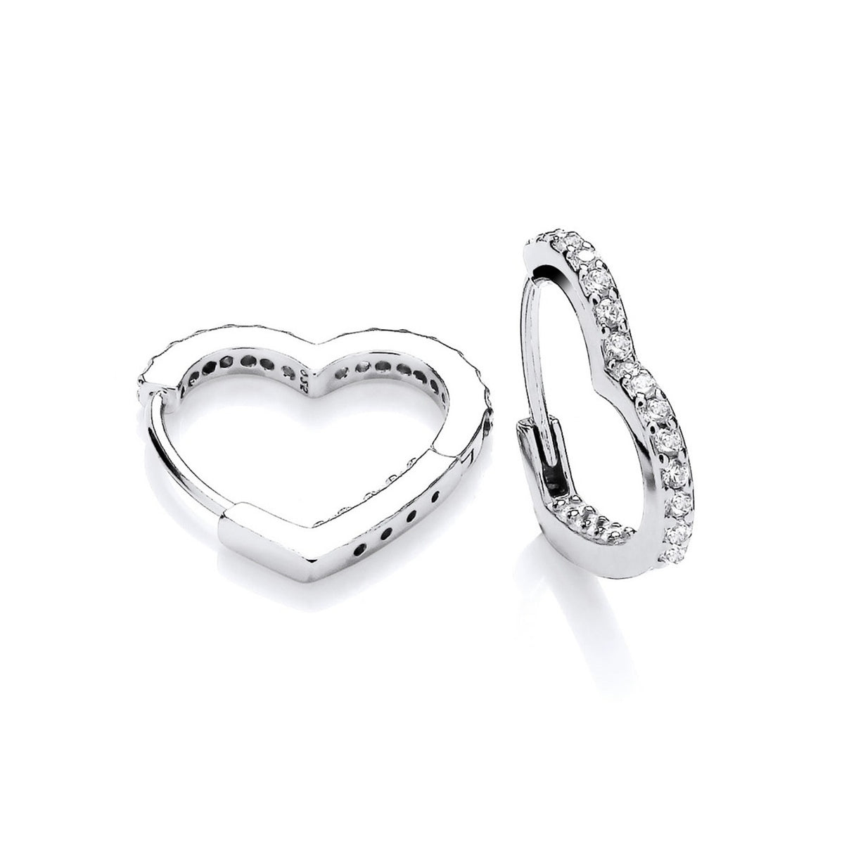 Silversmiths 16mm sterling silver huggie hoops with cubic zirconia heart design on a white background.