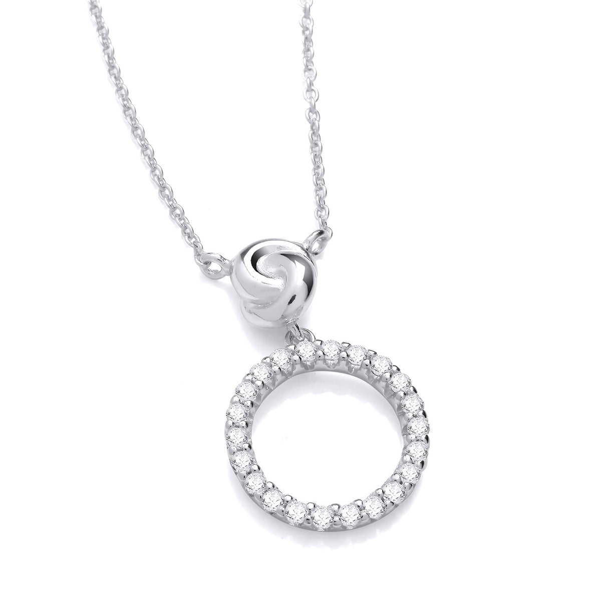 Sterling silver necklace featuring an infinity love knot circle design with cubic zirconia accents.