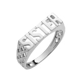 Sterling silver signet ring with the word SISTER and a textured geometric pattern on the sides.