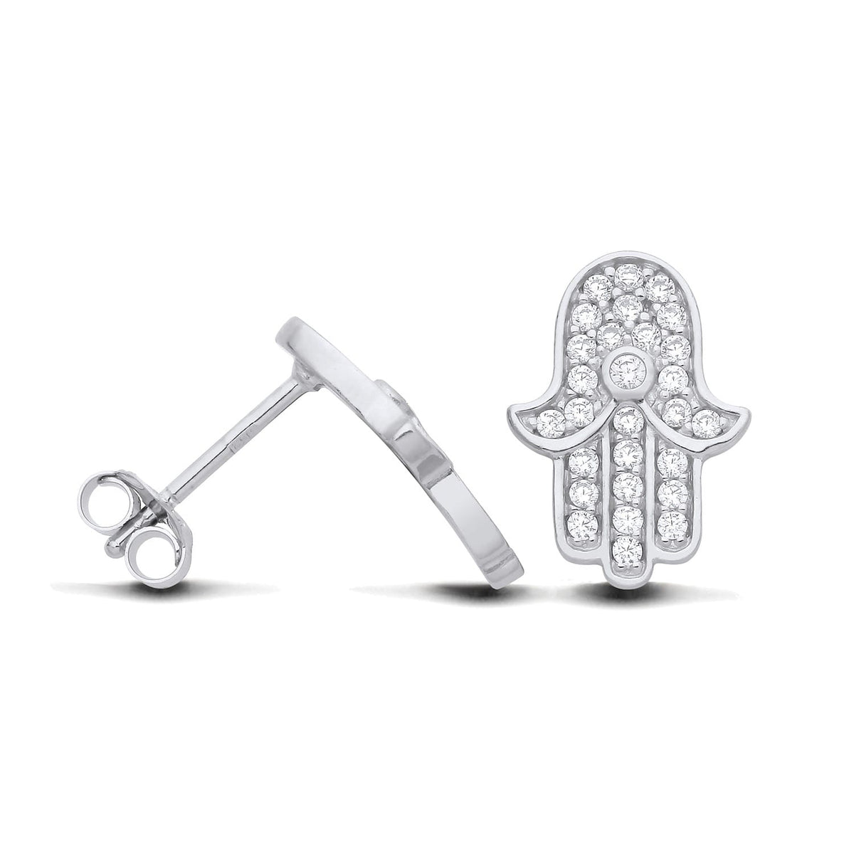 Sterling silver Hamsa hand stud earrings with cubic zirconia, shown from front and side on a white background.