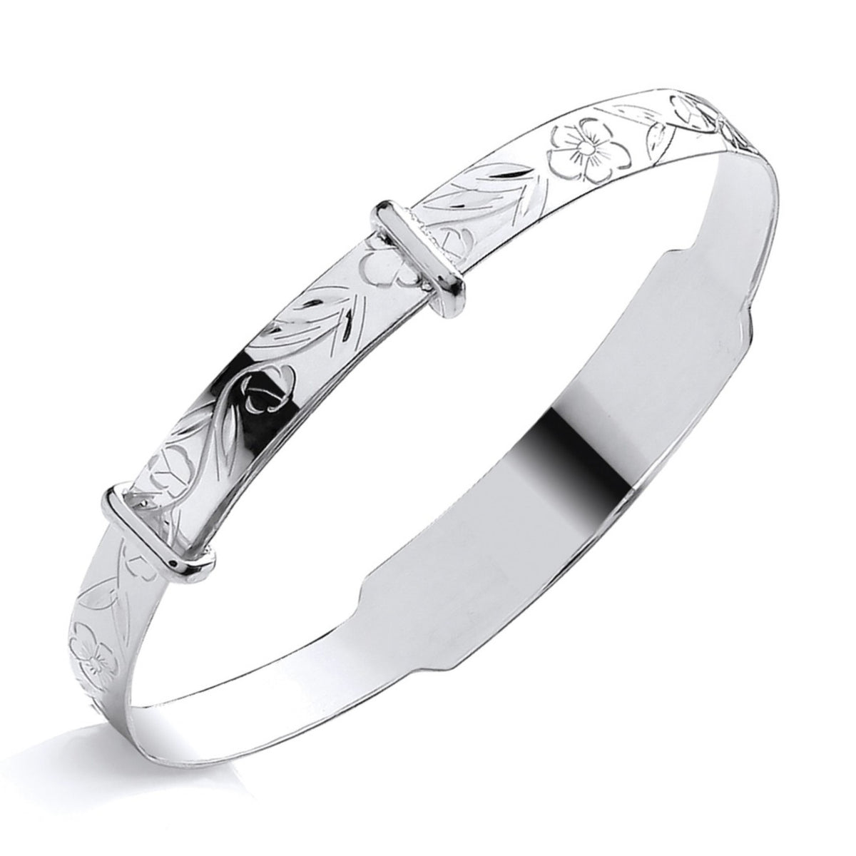 Silversmiths’ sterling silver expanding baby bangle with a floral-patterned ID plate.