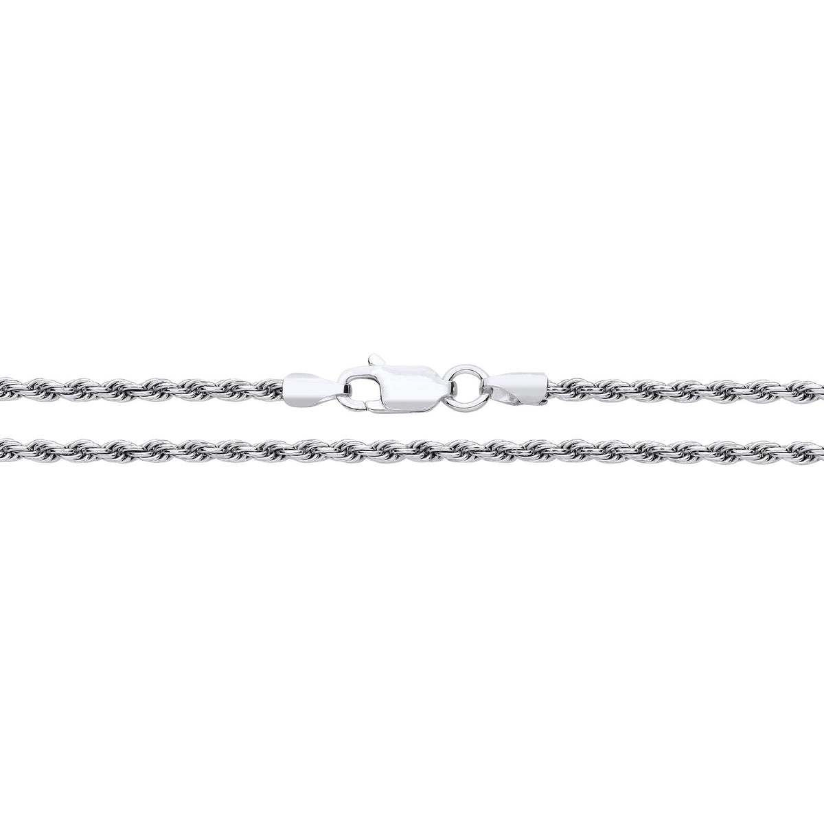 A 2mm sterling silver diamond cut rope chain necklace with a lobster clasp is displayed on a white background.