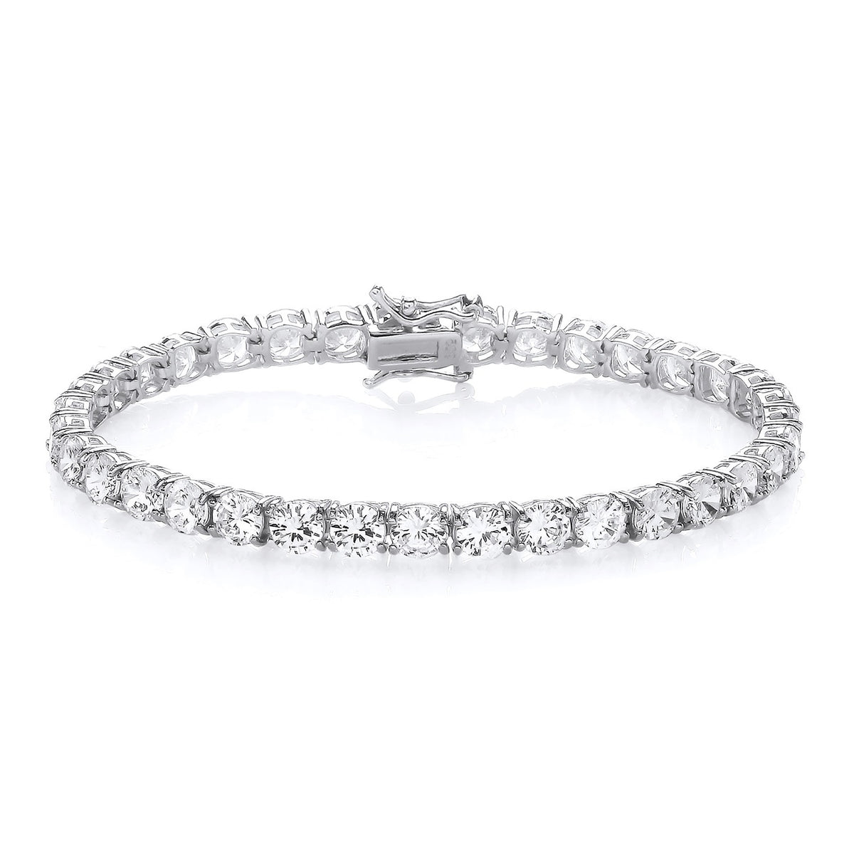Sterling silver tennis bracelet with 5mm round cubic zirconia stones and a secure clasp closure.
