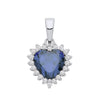 A sterling silver heart pendant with simulated tanzanite and CZ, displayed on a plain white background.