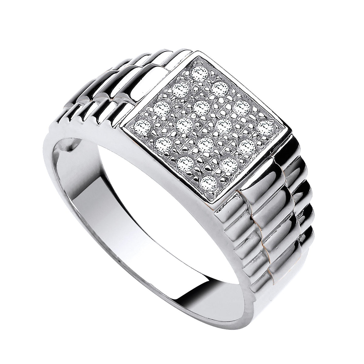 Silversmiths Men’s Sterling Silver signet ring with pavé CZ rounds arranged in a grid pattern.