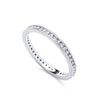 A sterling silver eternity ring by Silversmiths with round cut channel set cubic zirconia on a white background.
