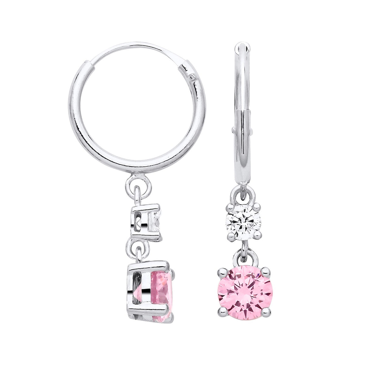 Silversmiths sterling silver hoop drop earrings with simulated pink sapphires.