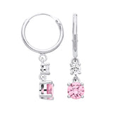 Silversmiths sterling silver hoop drop earrings with simulated pink sapphires.